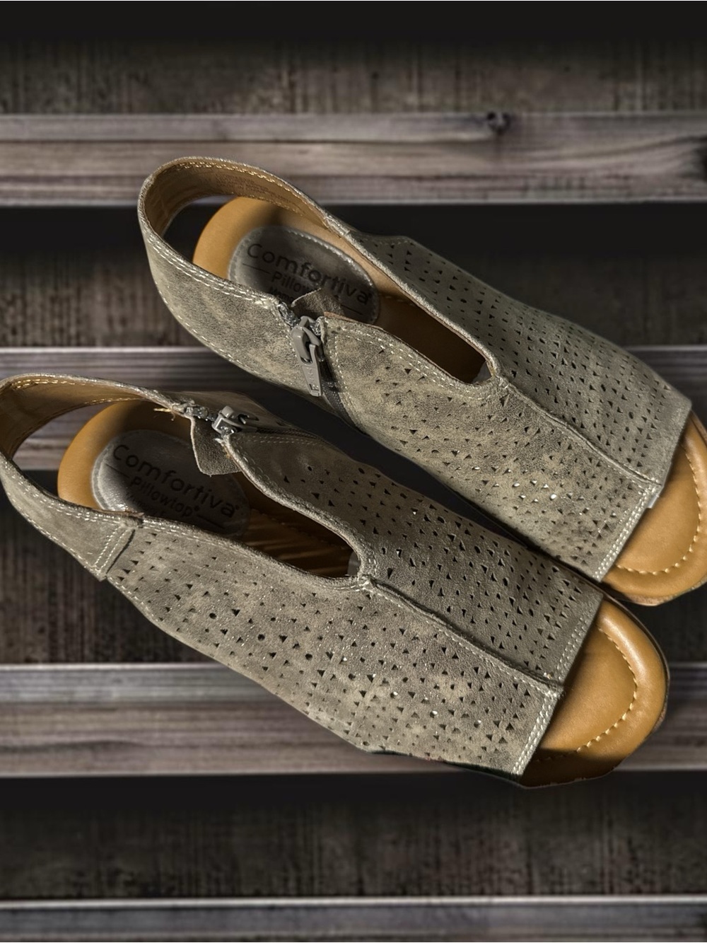 Comfortiva Olive-Taupe Perforated Open-Toe Slingback Sandals